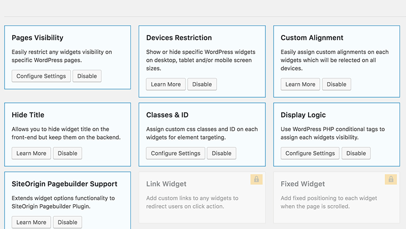 Widget Options Settings Page